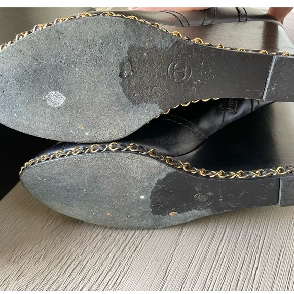 CHANEL Black Lambskin Leather Gold Chain Around Wedge Ankle Boots Booties 41 11 - Picture 12 of 13